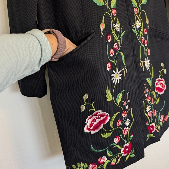VTG 90s Victor Costa Occasion Black Floral Embroidery Duster Jacket Boho Cottage - Picture 5 of 11